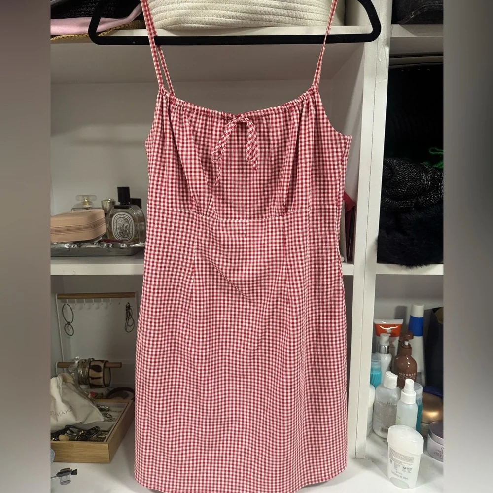 Red Gingham Mini Dress Tie Front Spaghetti Strap Summer Dress Size S - Picture 3 of 4